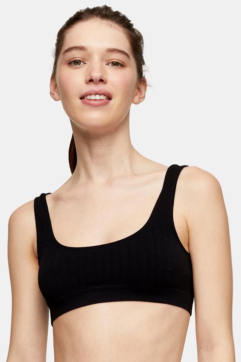 Womens Black Seamless Wide Rib Crop Bra - Black, Black