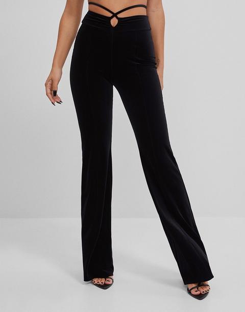 Bershka Velvet Flare Trousers With Wrap Around Detail In Black