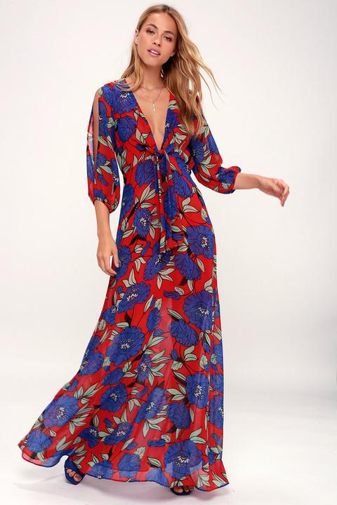 Blossoming Beauty Red Floral Print Long Sleeve Maxi Dress