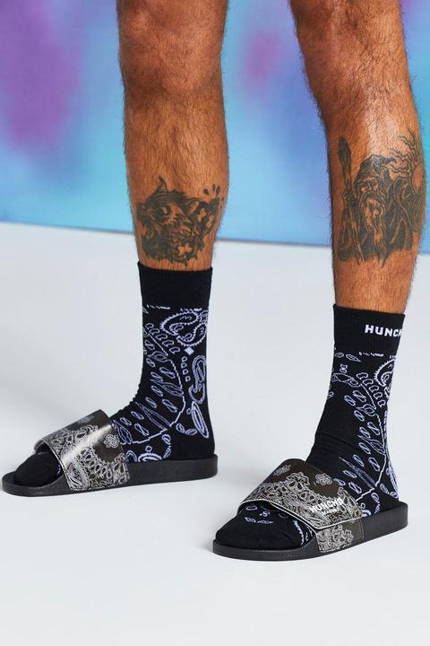 Mens Black Quavo Bandana Print Slider, Black