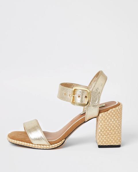 Gold Two Part Block Heel Sandals