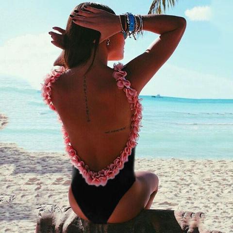 Costume Floral Playa Intero Con Frappe E Fiori Rosa