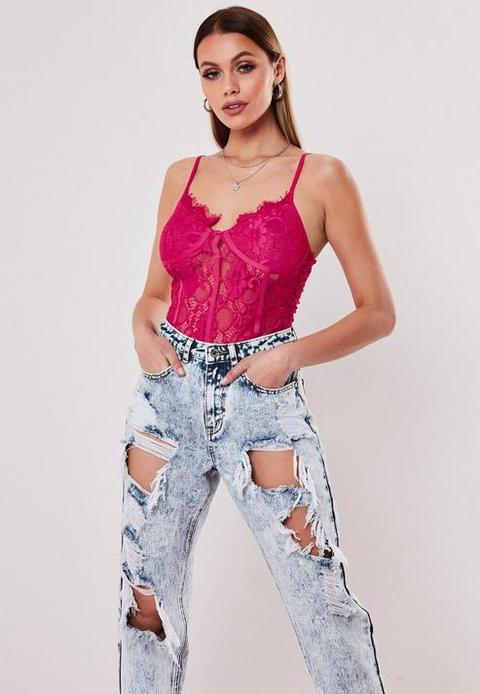 Hot Pink Lace Strappy Bodysuit, Pink from Missguided on 21 Buttons