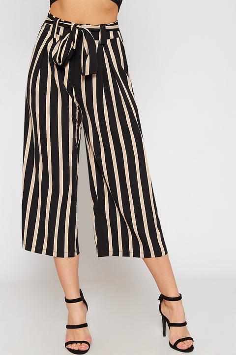 Randi Belted Contrast Striped Culottes - Black