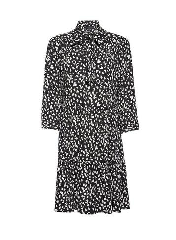 Womens Black Leopard Print Tie Neck Smock Dress, Black