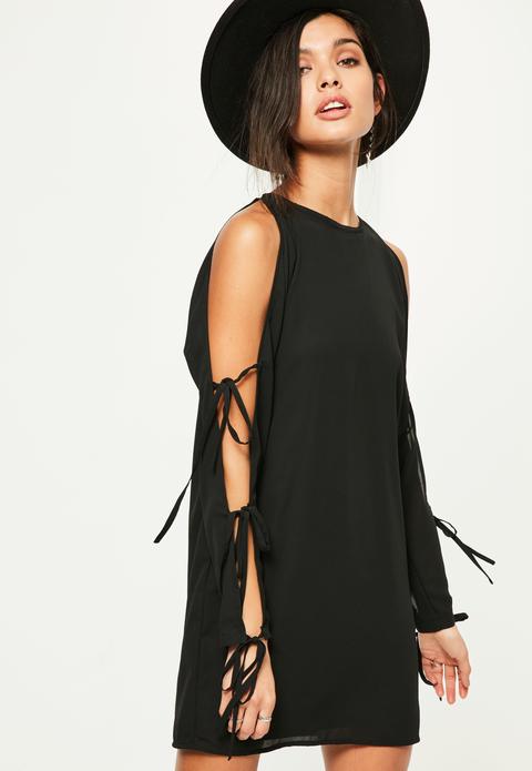 Black Tie Detail Cold Shoulder Shift Dress