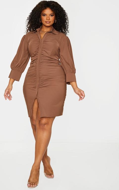 Plus Brown Ruched Front Shirt Dress