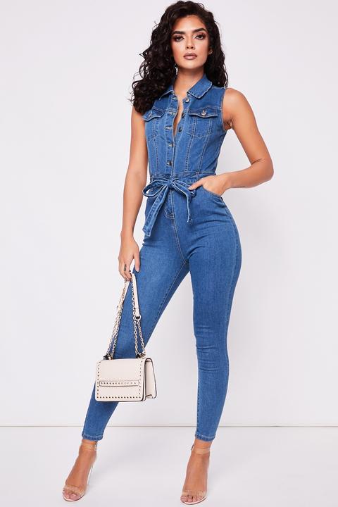 belted denim jumpsuit