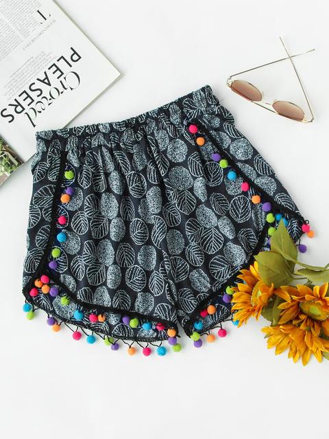 All Over Printed Pom Pom Trim Shorts