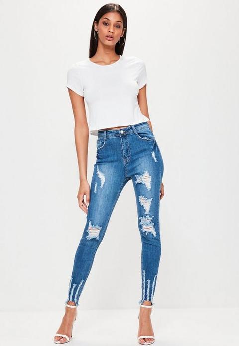 Blue High Waisted Chewed Hem Skinny Jeans, Blue