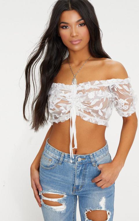 White Organza Floral Bardot Crop Top