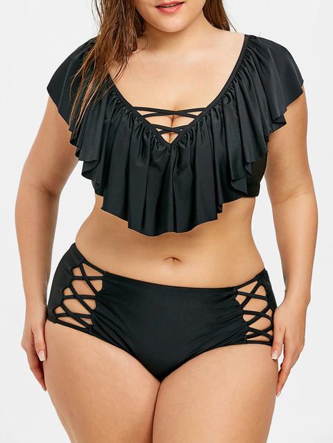 Criss Cross Plus Size Bikini Set - Black - 3xl