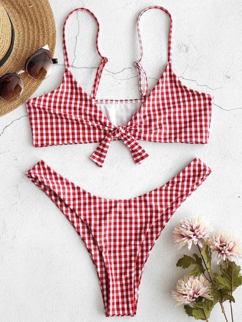 Bikini Di Zaful Annodato A Quadretti Black Red Wine
