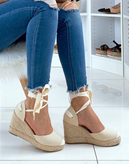 Espadrilles À Talons Compensés En Toile Beige À Rubans