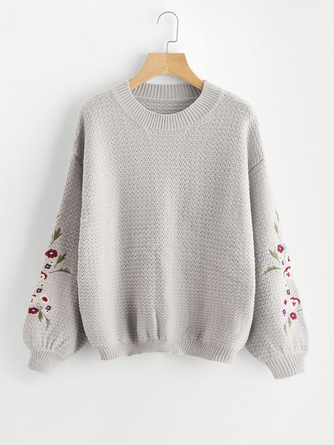 Flower Embroidered Bishop Sleeve Jumper