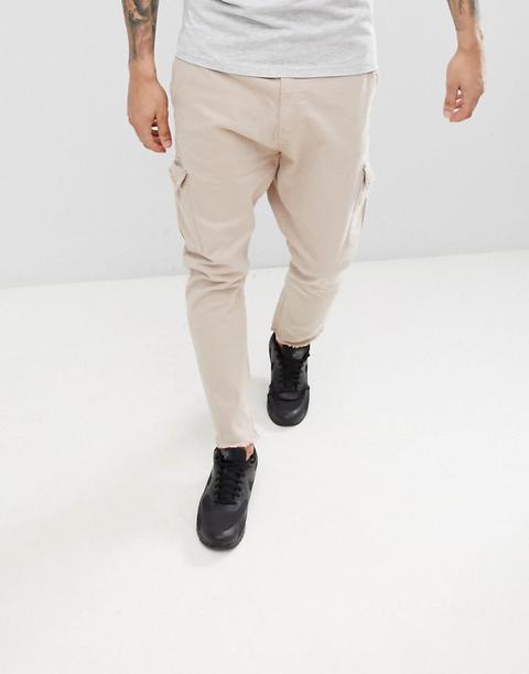 Bershka - Pantaloni Cargo Beige Con Fondo Sfrangiato - Beige