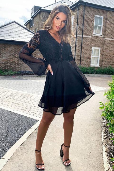 black plunge skater dress