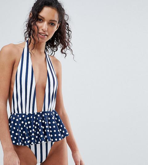 South Beach Stripe Polka Dot Frill Swimsuit - Navy Stripe Polka