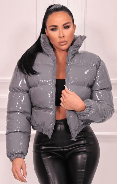 Grey Vinyl High Shine Padded Puffer Jacket - Aimee