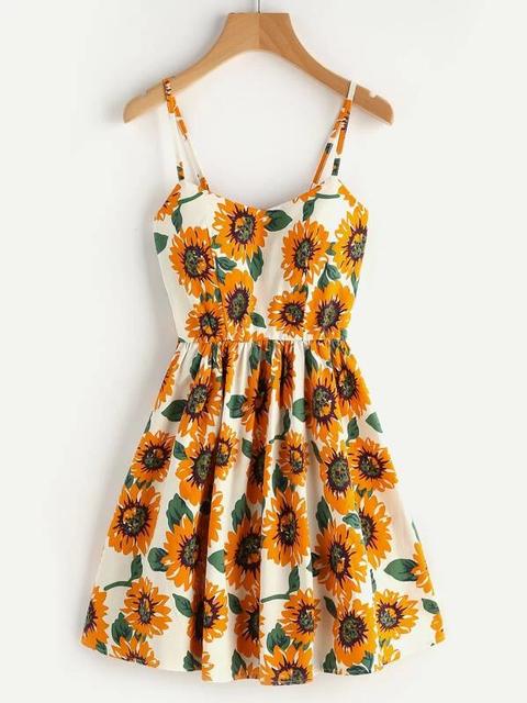 Vestido De Tirante Línea A De Espalda Con Cordón Con Estampado De Girasol Al Azar