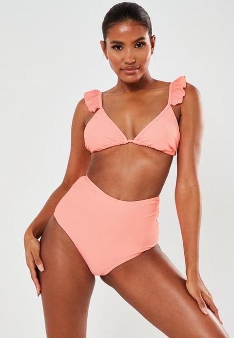 Coral Frill Shoulder Triangle Bikini Top, Coral