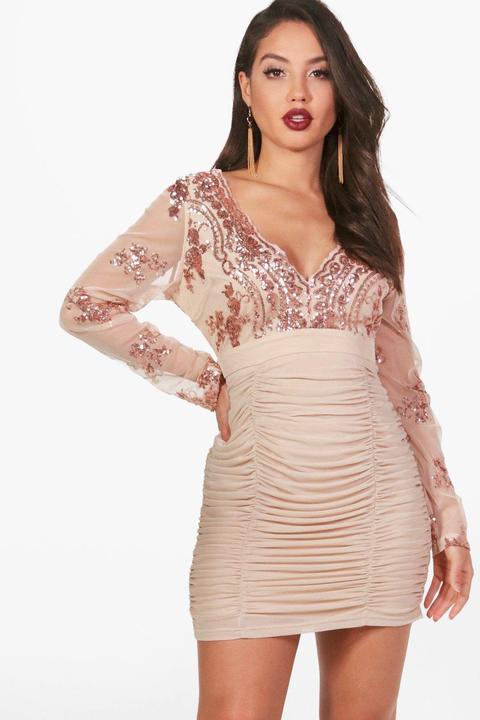 Sequin Top Ruched Skirt Bodycon Dress