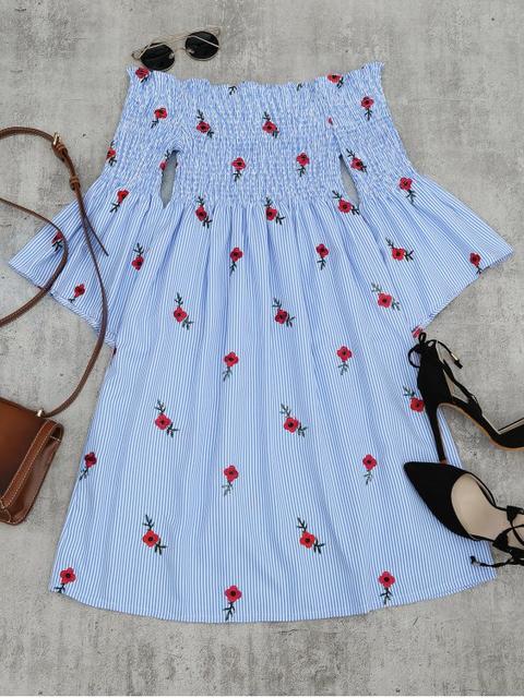 Floral Bordado Manga Rayada Vestido Rayado Light Blue