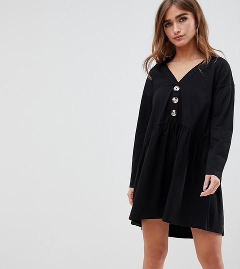 Asos Design Petite Faux Horn Button V Neck Mini Smock Dress