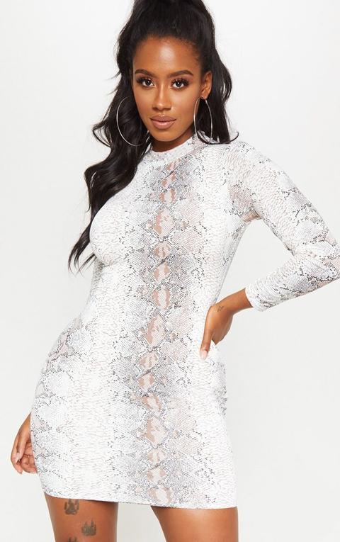Shape Taupe Snake Print Slinky High Neck Bodycon Dress