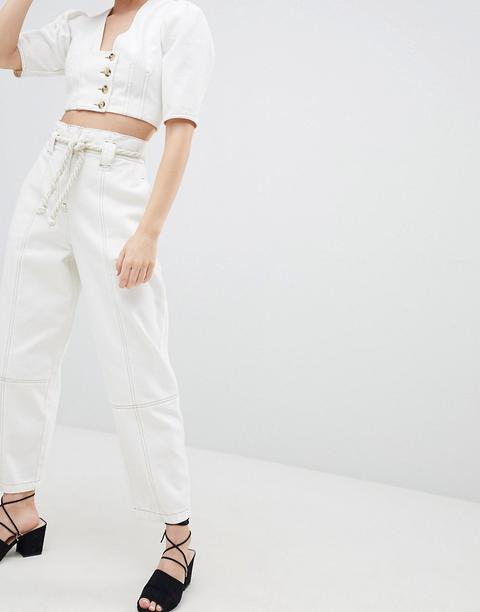 Asos Design Paperbag Waist Boyfriend Jeans With Rope Belt In White With Contrast Stitch - White