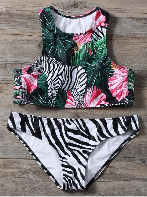 Palm Zebra Print Round Neck Bikini