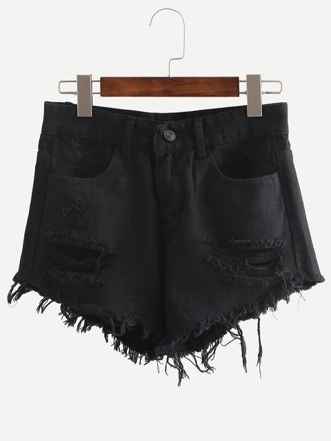 Black Ripped Fringe Denim Shorts