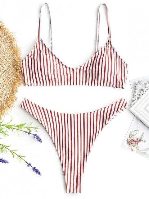 Bikini De Tanga De Corte Alto A Rayas Red And White