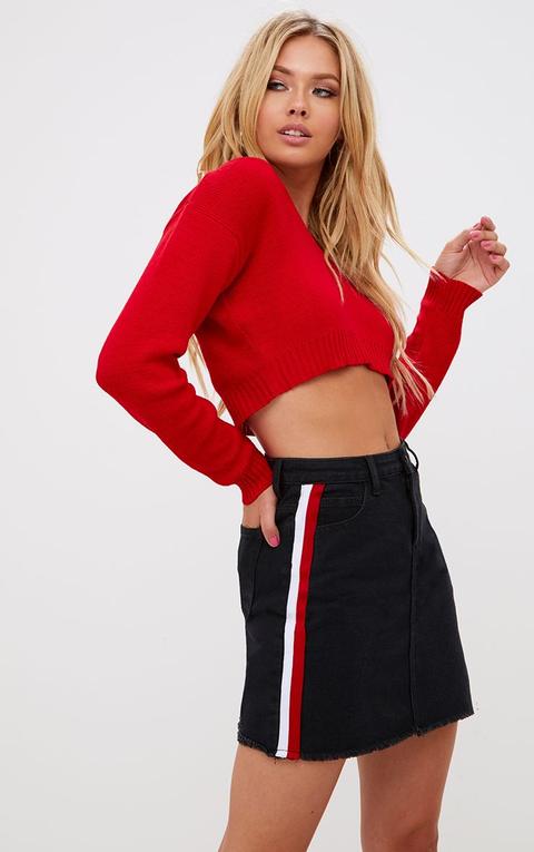 Black Sports Stripe Denim Skirt