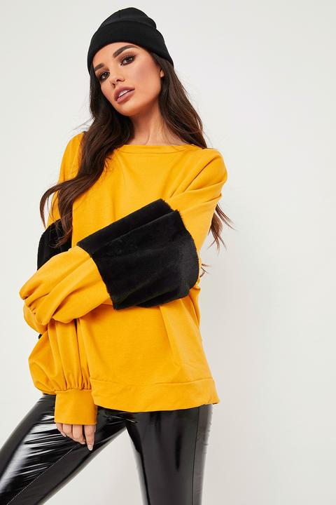 Ally Mustard Faux Fur Sleeve Jumper