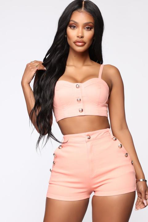 peach denim shorts
