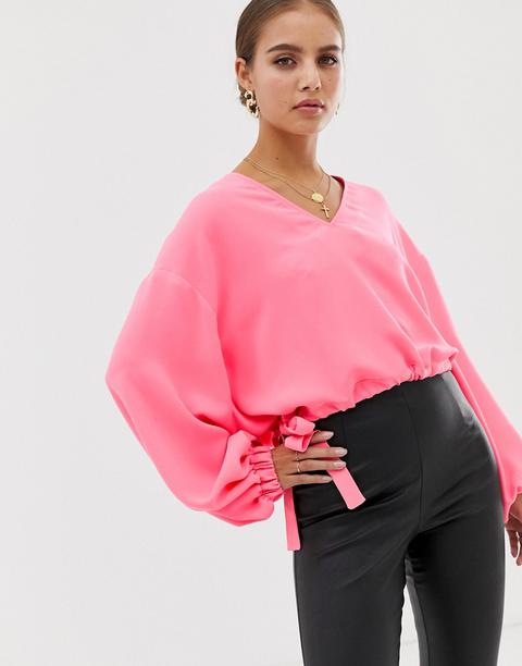 Asos Design Long Sleeve V Neck Top With Elasticated Waist Detail In Neon - Pink