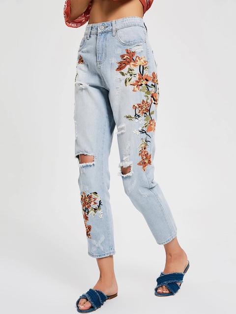 Floral Embroidery Destroyed Tapered Jeans