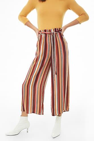 Forever 21 Striped Cropped Wide-leg Pants , Wine/multi