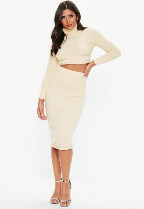 Cream Co Ord Ribbed Knitted Midi Skirt, Sand