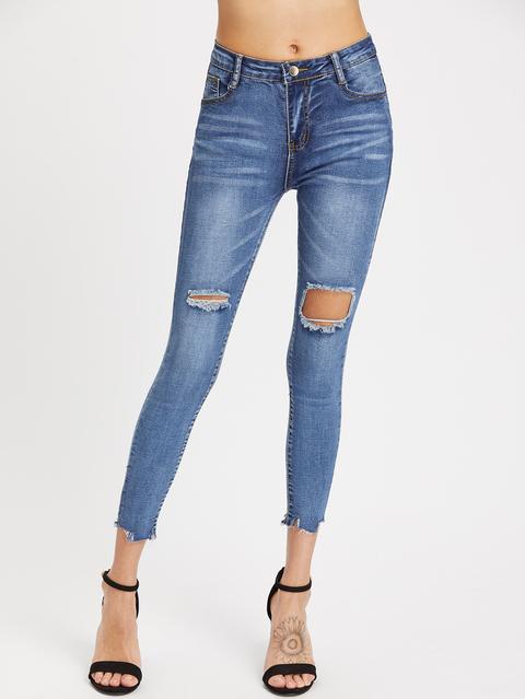 Destroyed Raw Cut Skinny Ankle Jeans