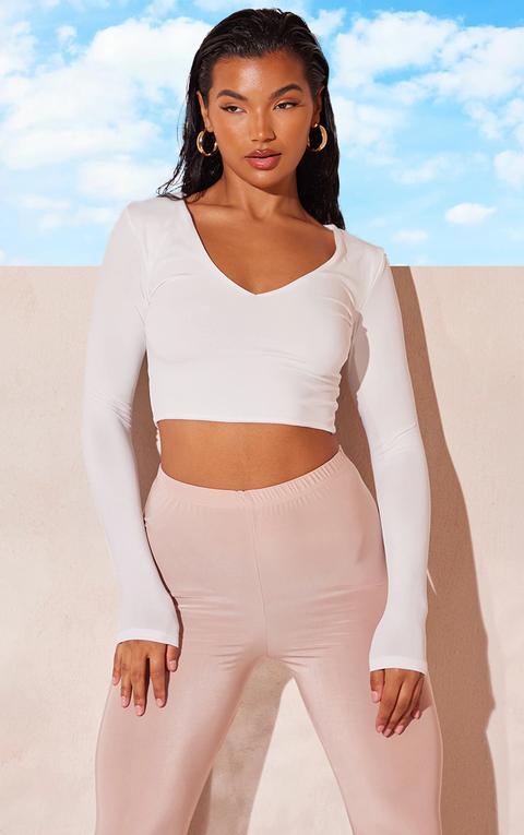 White Second Skin Long Sleeve V Neck Crop Top