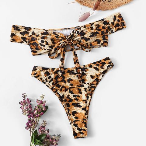 Leopard Tie Front Bardot Neck High Cut Bikini Swimsuit