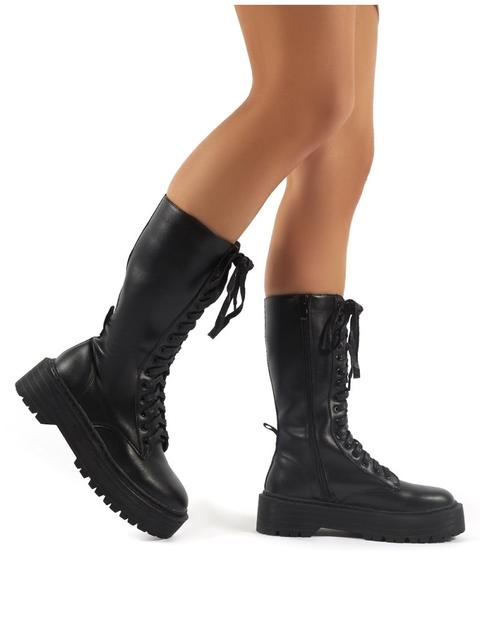 Kendall Black Pu Lace Up Chunky Knee High Boots