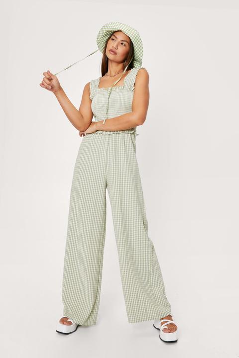 Womens Gingham Shirred Wide Leg Jumpsuit