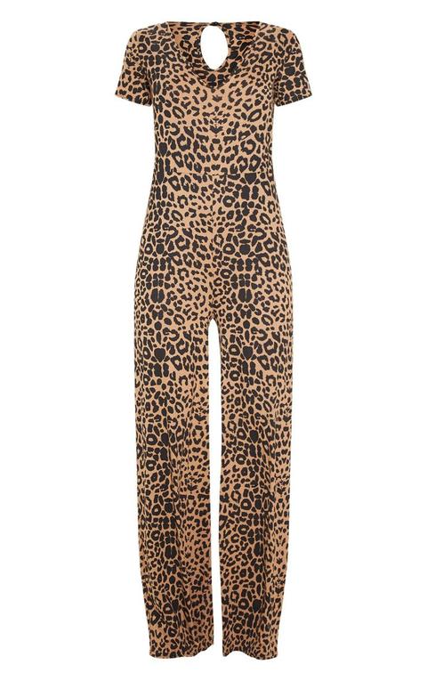 Beige Leopard Print Jersey Wide Leg Jumpsuit