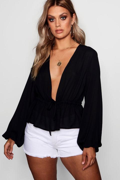 Plus Split Sleeve Tie Front Top