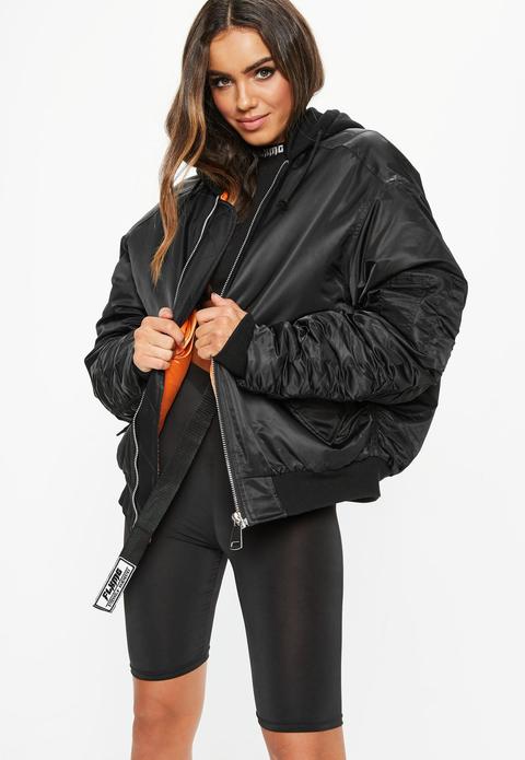 Fanny Lyckman X Missguided Black Jersey Hooded Ruched Sleeve Bomber Jacket, Black