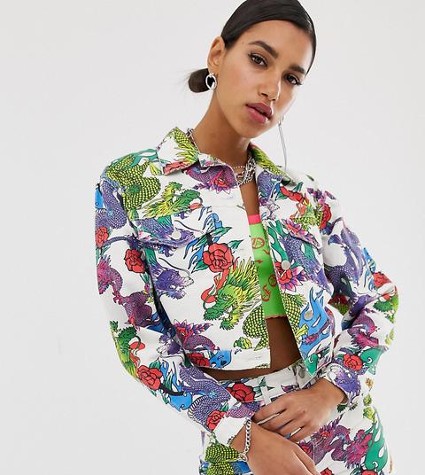 Jaded London Cropped Oversized Denim Jacket In Dragon Print Co-ord