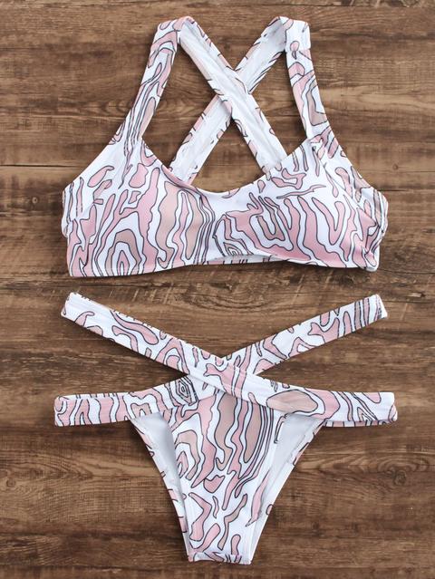 Set Bikini Con Estampado Espalda Cruzada Y Abertura - Rosa